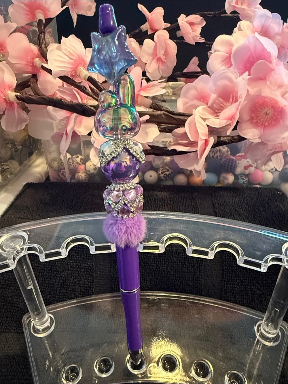 Purple Decorative Star Bunny Gel Pen with Pom Pom Accent